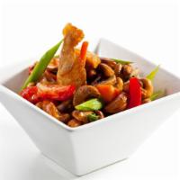 Cashew Nut Stir Fry · Fresh mushrooms, onions, sweet snow peas, bell pepper and carrots with your choice of protei...