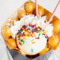 Basic B · Original waffle with vanilla ice cream, condensed milk, rainbow sprinkles, whipped cream, an...