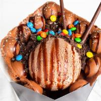 Death By Chocolate · Chocolate waffle with chocolate ice cream. Chocolate syrup, m&m's, oreos, and chocolate pocky.