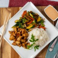 Chicken Hibachi · Grilled main ingredients with mixed vegetables noodles served with soup salad and steamed or...