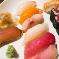 Sushi Regular · Eight pieces nigiri plus choice of california roll or tuna roll.