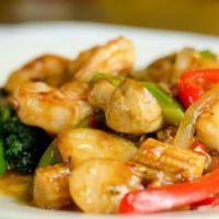 Shrimp With Mixed Vegetables · Jumbo shrimp stir-cooked with bai choi, baby corn, mushrooms, water chestnuts, carrots and s...