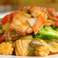 Roasted Pork With Mixed Vegetables · Sliced roasted pork stir-cooked with bai choi, baby corn, mushrooms, water chestnuts, snow p...