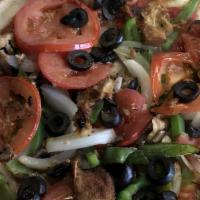 Vegetroise Pizza · Mushrooms, eggplant, black olives, green peppers, onions, tomatoes, mozzarella and garlic.