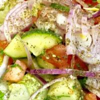 Mediterranean Salad · house salad mixed greens, tomatoes, cucumbers, onions, parsley, olive oil-lemon dressing, za...