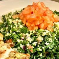Tabbouleh Salad · chopped parsley, chopped red onions, tomatoes, couscous. olive oil- lemon dressing
Vegan Dish.