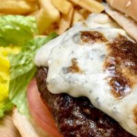Blue Cheese Burger · Fresh home-made beef cutlet grilled to perfection with blue cheese crumbles, on the burger b...
