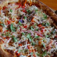 Smokey Vegan · Smoked Florida jackfruit, red onion, roasted peppers, tomato base, vegan mozzarella garnishe...