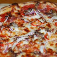 Pepperoni King · Salami, Spanish onions, bell peppers, house-calabrian spicy salami spread, tomato base, mozz...
