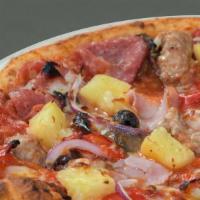 All In · Smoked ham, pepperoni, Italian sausage, baby portabellas, bell pepper, Spanish onions, kalam...