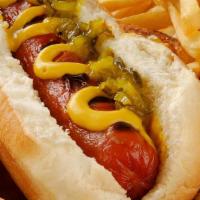 Hot Dog · Beef Sausage, potato sticks, mustard, ketchup, mayo and french fries