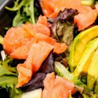 Salmon Salad · Mixed greens, smoked salmon, cucumber, raisins, avocado, and white balsamic vinaigrette.