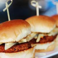 Trio De Mini Fritas · Three Cuban Frita Sliders with Manchego Cheese