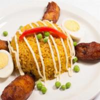 Arroz Imperial · Boneless Chicken and Yellow Rice, Topped with Mayonnaise or Cheese, Pimiento, Green Peas and...