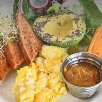 Breakfast On The Go · 2 Cage-free eggs served with fresh avocado sliced, choice of toast and rustic oven potatoes,...