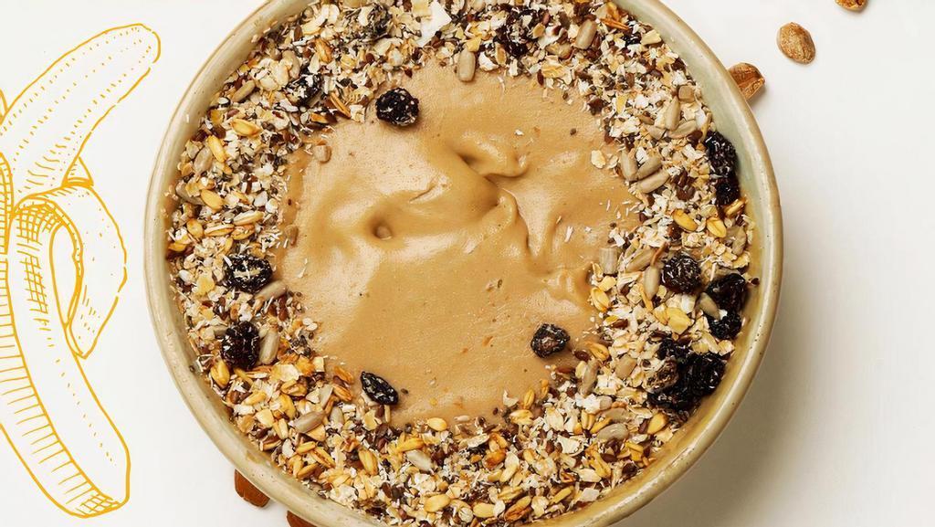 Peanut Bowl · Banana, peanut butter, and almond milk mix, and granola topping.
