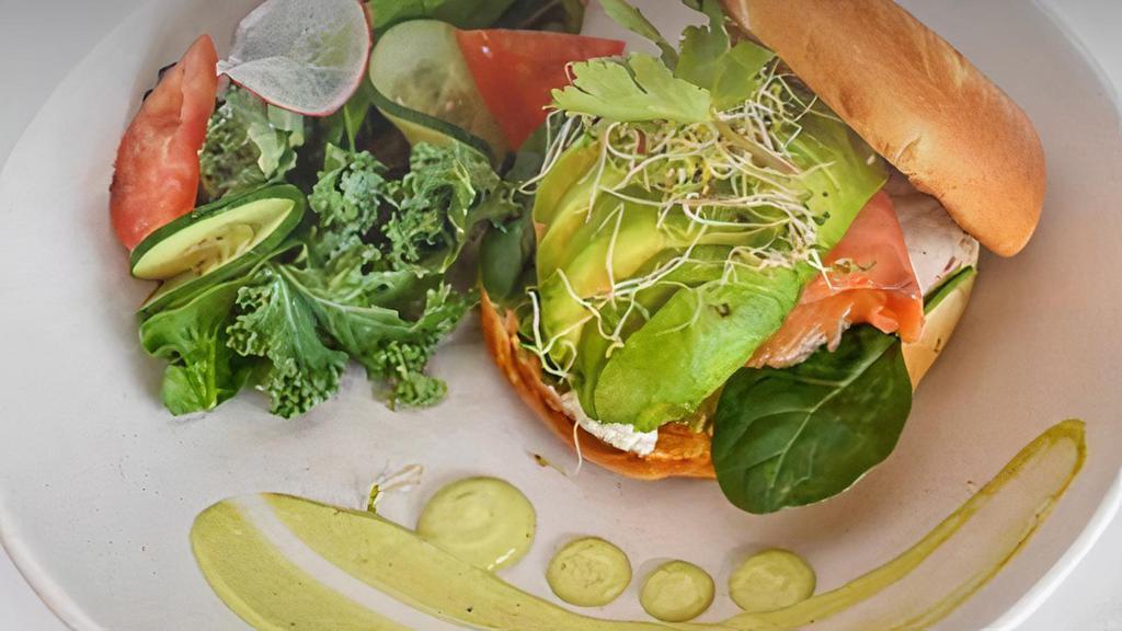 Fish Fly · Smoked salmon, cream cheese, spinach, avocado, and pesto. Choice of white, whole wheat, rye bread, french baguette, or wrap style. Served with house salad.