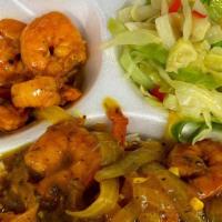 Curry Shrimp · White Rice or Rice & Peas, Served with Steamed Cabbage