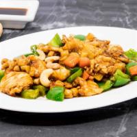 Cashew Chicken · Spicy. Spicy. Cashew chicken with mushroom, bell pepper, bamboo shoot and dry hot pepper. Se...