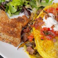 Denver Omelette · Marinated Steak, Sausage, Bacon, Roasted Tomatoes and Onions, Mushrooms and Jack and Cheddar...