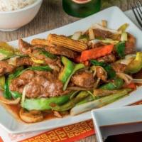Mongolian Beef · Spicy. Onion, scallion, pepper, bamboo, mushroom, water chestnut, carrot, celery, with spicy...