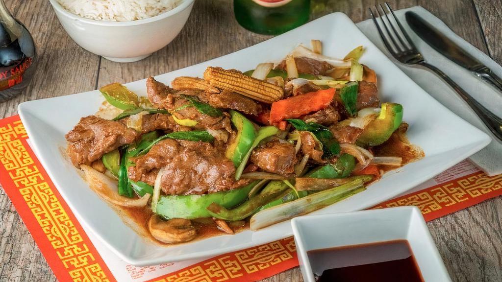 Mongolian Beef · Spicy. Onion, scallion, pepper, bamboo, mushroom, water chestnut, carrot, celery, with spicy brown sauce.