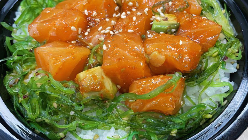 Salmon Poke Bowl* · salmon poke on top of sushi rice