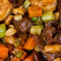 Kung Pao 3 Delight · Shrimp, beef chicken with hot pepper, diced Chinese vegetable and peanuts.