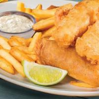 Landshark Lager Fish & Chips · Hand-dipped in LandShark batter, fried and served with jalapeño tartar sauce and French frie...