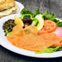 Nova Bagel · Hand Sliced Smoked Salmon served with a Bagel, Cream Cheese and your choice of Lettuce, Onio...