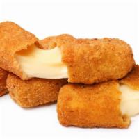 Mozzarella Sticks · Six battered mozzarella sticks deep-fried to golden-brown perfection.