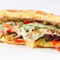 Pizza Steak · Juicy steak, onions, sauce, and mozzarella cheese in fresh roll.