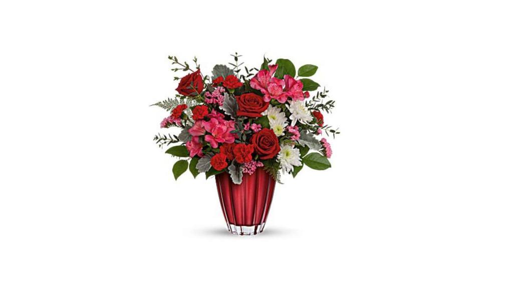 Love Me  · The belle of the ball! Arranged in a ruby red vase, this romantic bouquet of rich red roses and delicate pink alstroemeria is a beautiful statement of love and devotion.
