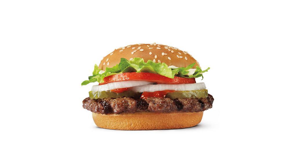 Whopper Jr.® Sandwich · Features one savory flame-grilled beef patty topped with juicy tomatoes, fresh cut lettuce, creamy mayonnaise, crunchy pickles and sliced white onions on a soft sesame seed bun.