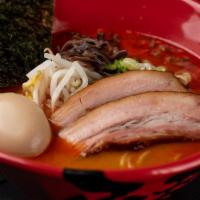 Premium Tonkotsu Red · Pork broth - Served with pork chashu, green onion, seasoned egg, nori dried seaweed, red hot...