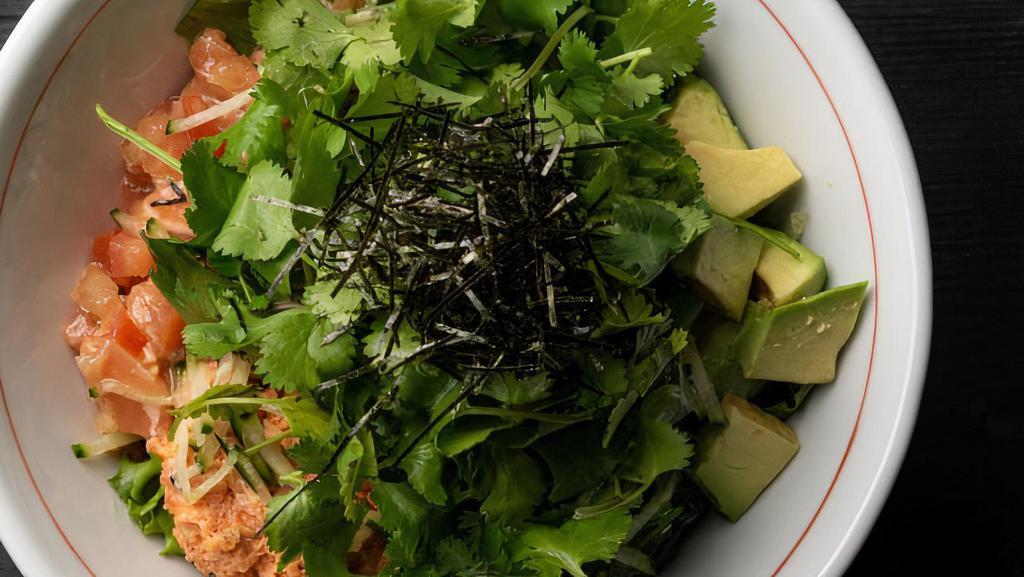 California Poke Bowl - Regular · Salmon, spicy tuna, shrimp, seaweed salad, masago, avocado, clantro.
