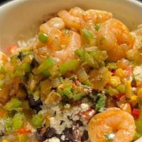 Chimichurri Shrimp Rice Bowl · Chimichurri glazed shrimp, cilantro rice, roasted corn, queso fresco, pico de gallo, grilled...