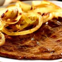 Bistec Palomilla Encebollado · Beef round steak with onions. Servidos con dos acompanantes у una tortilla: arroz, casamient...