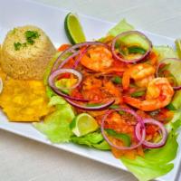 Camarones Al Ajillo · Shrimp in garlic sauce. Servidos con dos acompanantes y una tortilla: arroz, casamiento, mad...