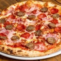 Meat Lovers · Tomato sauce, mozzarella cheese, pepperoni, bacon, ham and sausage.