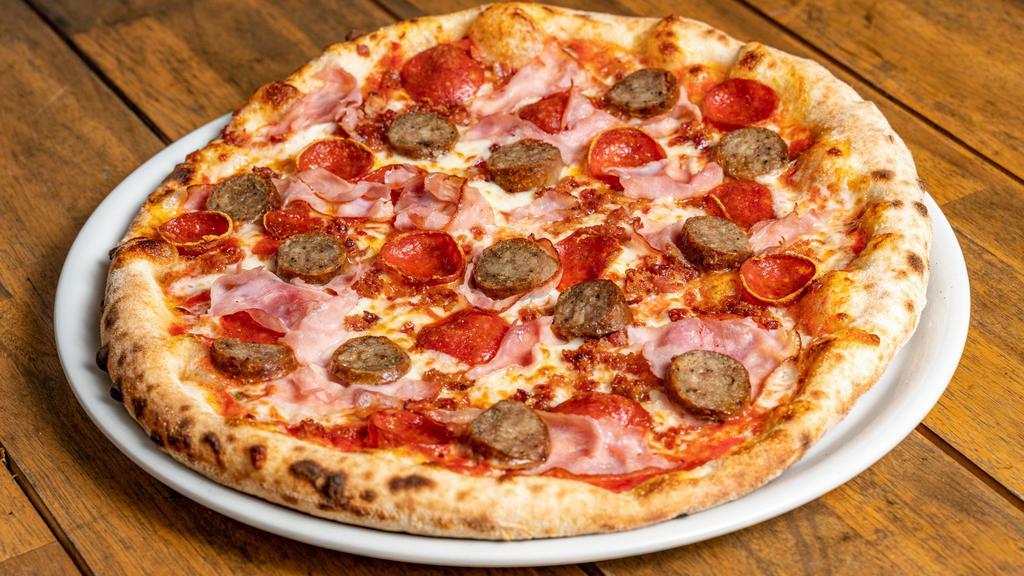 Meat Lovers · Tomato sauce, mozzarella cheese, pepperoni, bacon, ham and sausage.