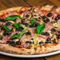 Capricciosa · Tomato sauce, mozzarella cheese, ham, mushrooms, black olives and artichokes.