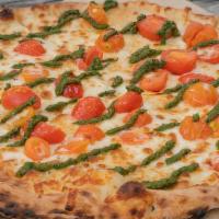 Capresa · Vegetarian. Mozzarella cheese, cherry tomatoes and drizzle of pesto.