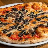 Anchovies · Tomate sauce, mozzarella cheese, anchovies and black olives.