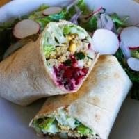 Falafel Wrap · Baked Falafel, Homemade Hummus, Romaine Lettuce, Beet, Cucumber & Olives in a Whole Wheat Wr...