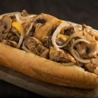 American Pepito · Mushrooms, grilled onions, and melted cheese.