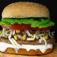 Bistro Burger · Onion sauce, sweet corn, lettuce, tomato, and mozzarella cheese.