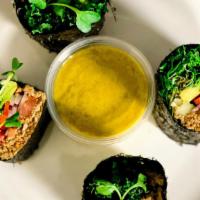 Sunflower Seed Pate Nori Roll W/ Spicy Mustard Sauce · Avocado, Marinated Kale, Sprouts, Cucumber, Sun flower Seeds, Bellpepper