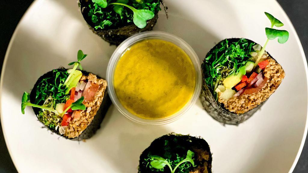 Sunflower Seed Pate Nori Roll W/ Spicy Mustard Sauce · Avocado, Marinated Kale, Sprouts, Cucumber, Sun flower Seeds, Bellpepper