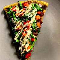 Slice Deep Dish Pizza · Sprouted spelt, or flax bread, spinach, tomatoes, onions, house-made tomato sauce, and macad...